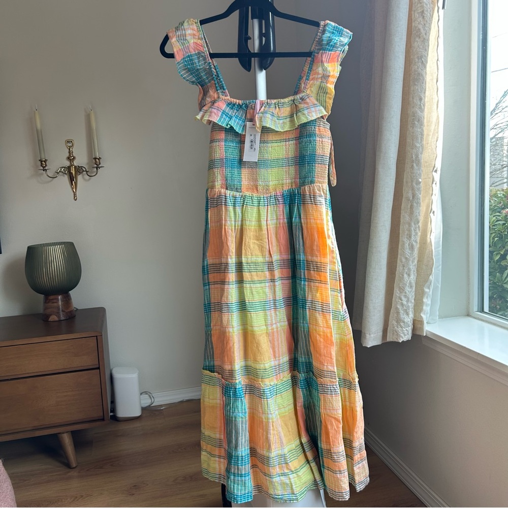 Vineyard Vines Lemon Tart Plaid Smocked Linen Ruffle Midi Dress